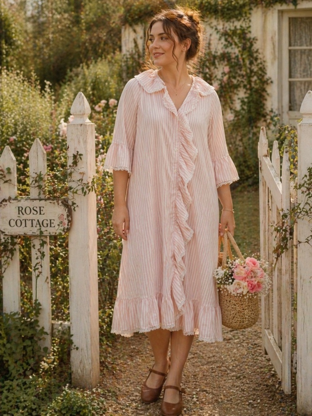 Vintage Elen Henderson Nightgown Robe Set Pink Stripe Lace Cottagecore Prairie